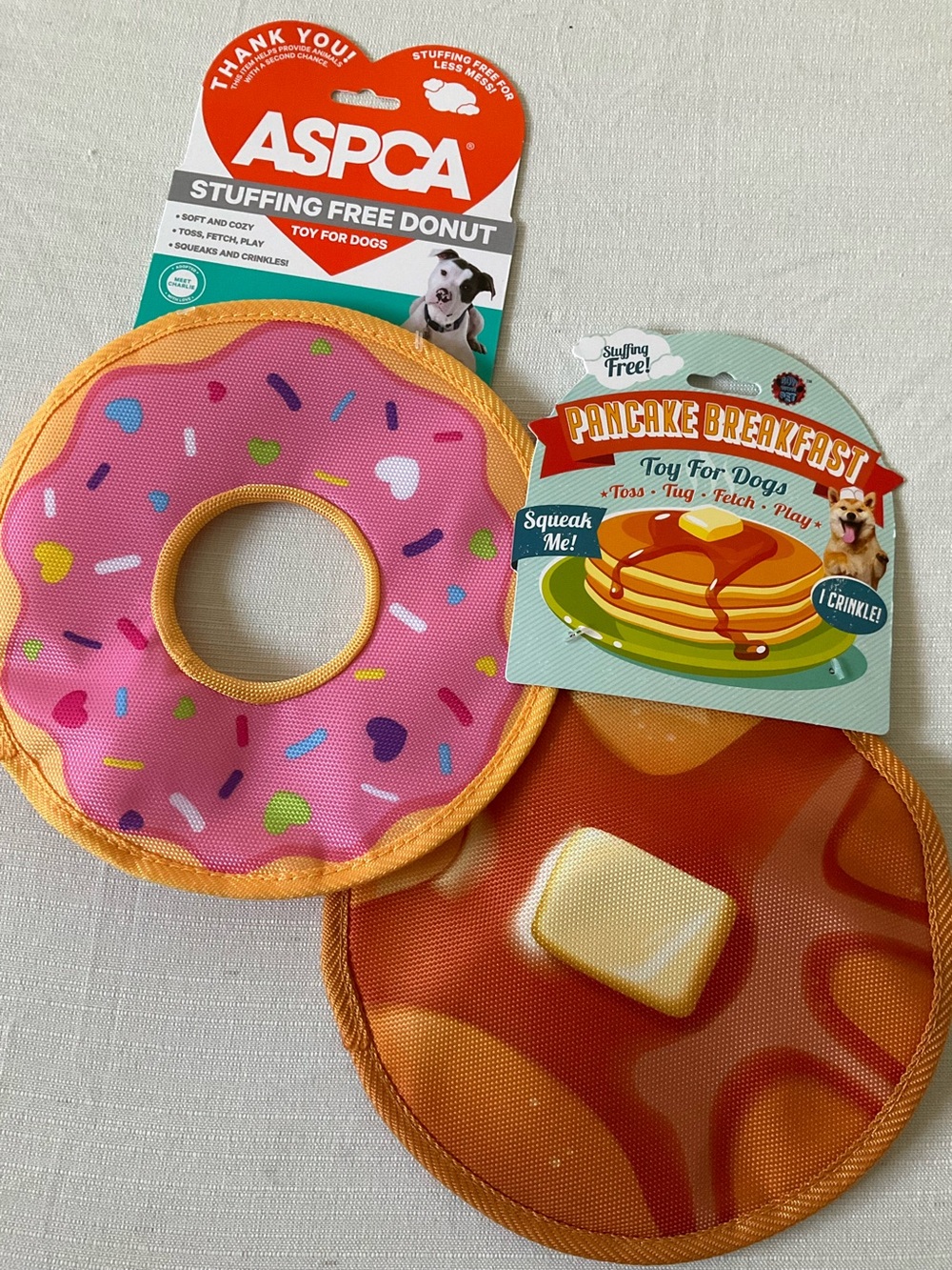 NWT 2pc Set Pink Donut & Pancake Breakfast Stuffing Free Dog Squeaky Disc Toys